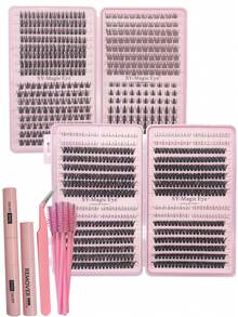 双盒装睫毛嫁接套装，768~992片，DIY睫毛嫁接，D卷度（50D+60D尖头睫毛+下睫毛）8-16mm - 套装包含下睫毛、假睫毛、胶水、卸妆液、镊子和刷子，浓密假睫毛，适用于专业、日常、婚礼、派对、化妆等场合。 - 黑色 - 查看 16