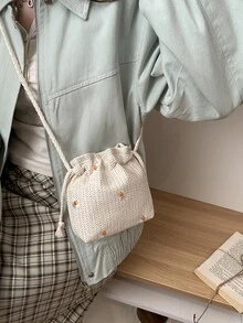 2026 Summer New Versatile Fresh Straw Woven Bucket Bag, Fashionable Lace Shoulder Bag - Beige - View 11