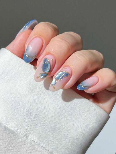 10 piezas de uñas postizas hechas a mano, uñas cortas, uñas postizas, puntas de uñas francesas, uñas con forma de almendra, uñas degradadas rosa y azul, uñas doradas, uñas de estilo de lujo, uñas etéreas, uñas para el Día de San Valentín, uñas de Año Nuevo, decoración de mariposas doradas pintadas a mano, decoración de joyas de uñas con ribete dorado, incluye herramientas para uñas, aplicación y eliminación rápida, adecuado para mujeres y niñas