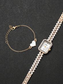 2pcs/Set Women's Gift Pearl Watch With Square Rhinestone Dial, Fashion Casual Pearl Rhinestone Quartz Bracelet Watch + Heart-Shaped Bracelet (Watch Not Included With Box) - Gold - View 4