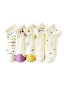 5双装女士绿色清新袜子，日式可爱郁金香透气3D立体船袜 - 彩色 - 查看 5