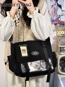 日系可爱痛包 女款斜挎包 大学生书包 透明PVC DIY手提包 带徽章展示板 单肩包 女生痛包 动漫 - 黑色 - 查看 1