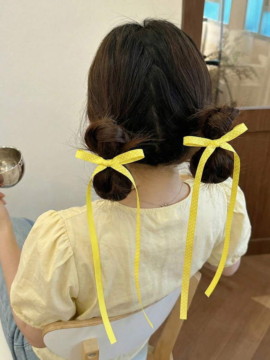 2个女士时尚优雅黄色波点蝴蝶结发夹，适合日常佩戴、春夏派对和外出活动 - 黃色 - 查看 1