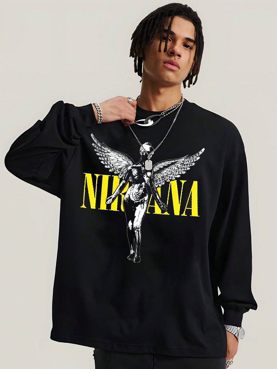 Fashionable Hip-Hop For Men - Long Sleeve T-Shirts Black Nirvanas Angel Graphic Street Wear, Graphic T-Shirt, Funny Vintage Shirts, Regular Fit, Street Style, Digital Print, Ideal Gift - 黑色4 - 查看 1