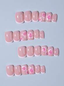 24 unhas postiças curtas quadradas com design de hibisco, estilo francês, com 1 gel e 1 lixa de unha. - Multicolorido - Ver 3