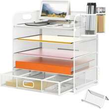 5-Tier Metal Mesh Desktop File Organizer With Handle, Drawer And Pen Holders - White - View 1