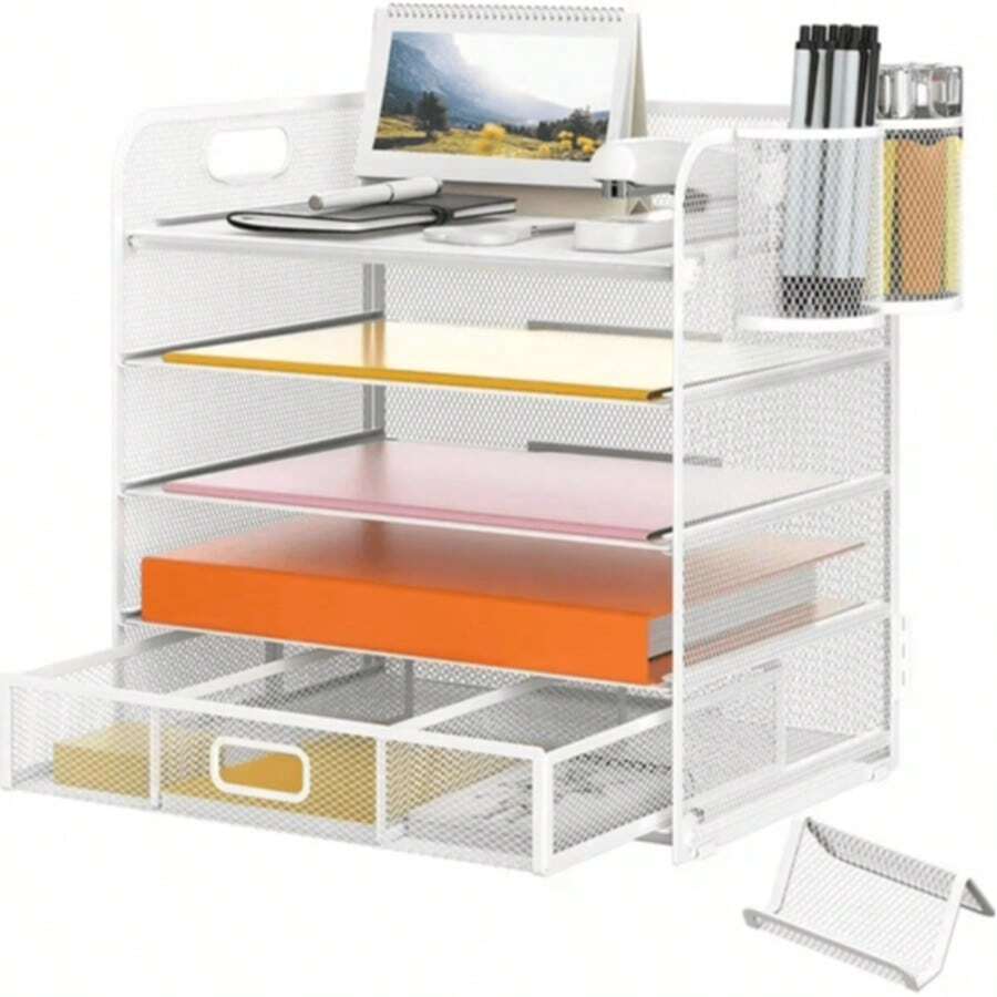 5-Tier Metal Mesh Desktop File Organizer With Handle, Drawer And Pen Holders - White - View 1