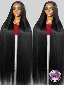 200% 密度酒红色直发假发，预拔毛蕾丝假发，28 英寸隐形绑带 13x4 蕾丝前额抽绳假发，34 英寸黑色假发，13x4 透明蕾丝前额真人发混纺假发，女士款 - 自然色&黑色系 - 查看 1