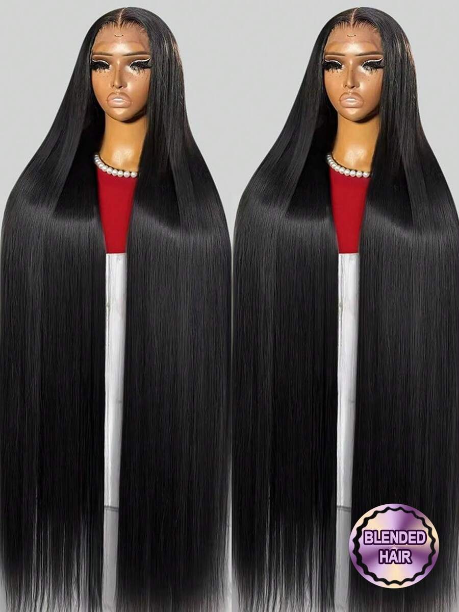 200% 密度酒红色直发假发，预拔毛蕾丝假发，28 英寸隐形绑带 13x4 蕾丝前额抽绳假发，34 英寸黑色假发，13x4 透明蕾丝前额真人发混纺假发，女士款 - 自然色&黑色系 - 查看 1