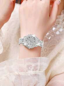 Women's Watch, Elegant And Fashionable, Round Dial With Rhinestone Accents, Ladies' Quartz Watch, Perfect For Everyday Wear, Birthday Gift, Back-To-School Season, Thanksgiving, Couples' Occasions, Ideal Present (Watch Box Not Included) - Silver - View 1
