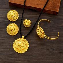 مجموعة مجوهرات كلاسيكية ذهبية اللون بتصميم دائري مفرغ 3 قطع/4 قطع/6 قطع، أقراط وخواتم وقلائد وأساور وأغطية رأس ودبابيس شعر، هدية لحفلات الشرق الأوسط - ذهبي أصفر - مشاهدة 19