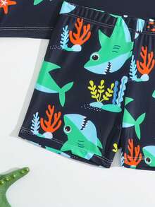 Set de 2 trajes de baño para niños con estampado de tiburón, cola de pez con bloques de color y decoración 3D, tela elástica y de secado rápido, cómoda, estilo de resort de moda para niños, adecuado para surf al aire libre, fiesta de natación, vacaciones en la playa - Negro - Ver 4