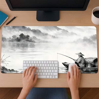 1pc Ancient Style Ink Wash Landscape Rubber Mouse Pad - HD Printing, Thickened & Wear-Resistant, Precision Stitched Edges, Multi-Purpose For Computer Keyboard, Desktop Decoration, Office, Study & Gaming