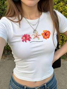 LCCotton Unity Women's Summer Cropped-Shirt With Hibiscus Flower Y2K Exposed Midriff Short Sleeve White TeeCasual Daily WearT-Shirt,Retro-Shirt,Male And Female Neutral Short Sleeves,Clothes Plus Size,Sweatshirt,Clothes Women,Tops,Womens Tops,Spring,Summer Tops Women,Spring Clothes,Vacation Outfits ,Summer Outfits,Tees Women,Summer Tops,Shirts,Crop Tops Women,White Crop Top,Tees Women,Outfits Women Navel-Baring Outfit,Cropped-Shirt - 白色 - 查看 5