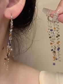 1对彩虹流苏长耳环，小众设计，女士款 - 彩色 - 查看 2