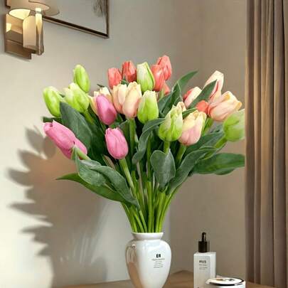 一束4-24支仿真郁金香 - 逼真的粉色、黄色、白色和橙色假郁金香，尺寸为15.35英寸，由塑料制成，适合家居、办公室、婚礼、母亲节、复活节、圣诞节和毕业典礼装饰。