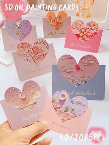 40/20/5张装 暖色调3D油画贺卡，爱心形状贺卡 - 独特凸起图案设计，优质卡片材料 - 教师节、母亲节、各种节日 - 彩色 - 查看 2
