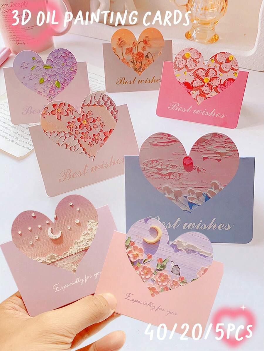 40/20/5张装 暖色调3D油画贺卡，爱心形状贺卡 - 独特凸起图案设计，优质卡片材料 - 教师节、母亲节、各种节日 - 彩色 - 查看 1