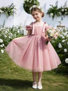 Young Girl Spaghetti Strap Bow Easter Party Dress, Tulle Elegant Princess Gown, Suitable For Girls Birthday Gift, Party, Bridesmaid, School Dance, Festival Celebration Dress - Pink - View 2