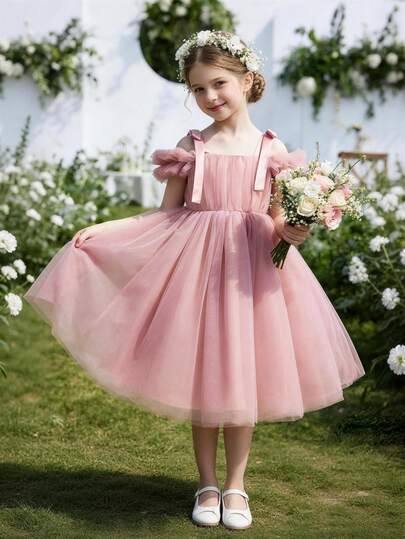 Young Girl Spaghetti Strap Bow Easter Party Dress, Tulle Elegant Princess Gown, Suitable For Girls Birthday Gift, Party, Bridesmaid, School Dance, Festival Celebration Dress