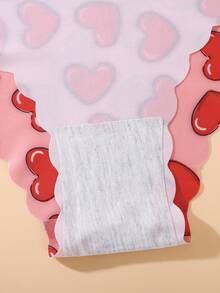 3 piezas de bragas de mujer con estampado de corazón lindo, dobladillo ondulado, tela suave y lisa, ropa interior casual cómoda - Multicolor - Ver 7