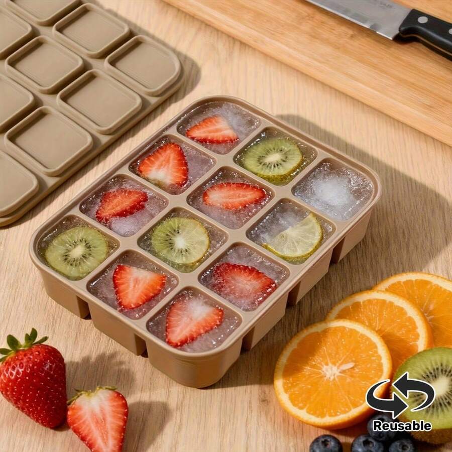 12孔硅胶冰格，带盖，柔韧模具，易脱模，适用于制作透明鸡尾酒/威士忌、骨汤和餐食准备，可制作洗碗机/烤箱适用冰块，可重复使用