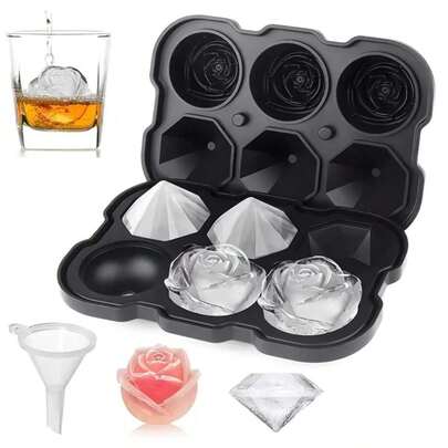 1 Set Silicone Easy Release Ice Cube Tray With Lid, Can Make 2-Inch Rose And Diamond Shaped Ice Cubes, Comes With Small Funnel, Ice Mold Maker, Juice Drink Decor, Suitable For Bars, Cafes, Restaurants, Home Kitchens, Wedding Parties