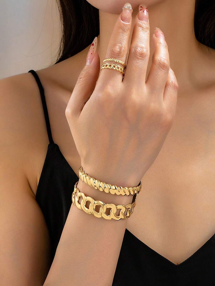 Set de joyería de 2 piezas con brazalete y anillo ajustables de diseño geométrico hueco de estilo minimalista y de moda para mujeres - Amarillo Oro - Ver 1