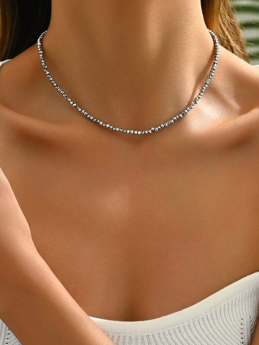 1pc Women's Jelly Color Minimalist Beaded Necklace - Gray-n386 - View 1