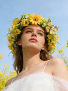 1 pieza Diadema exquisita y realista con flores de colza, corona de flores hecha a mano delicada, adecuada para novia, boda, fotografía, decoración romántica, verano, playa - 58917 - Ver 3