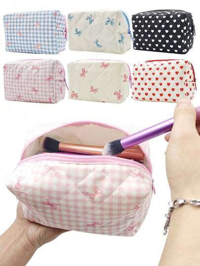 1pc Bow Quilted Cosmetic Bag, Mini Makeup Bag, Women's Minimalist Zipper Travel Pouch, Lipstick Organizer, Portable Travel Toiletry Bag, Large Capacity Cute Wash Bag, Multi-Function Storage Pouch, Sanitary Pad/Tampon Holder, Zipper Wallet, Travel Essentials, Cruise Essentials, Dorm Essentials, Travel Accessories, Home Organizer, Suitable For Home Organization And Outdoor Travel, Business Travel, Beach Vacation