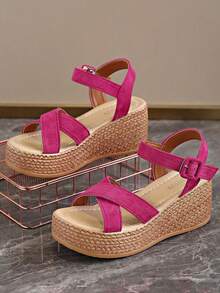 7厘米厚底极简绑带红色防水厚底高跟凉鞋，夏季必备 - 玫紅色 - 查看 13