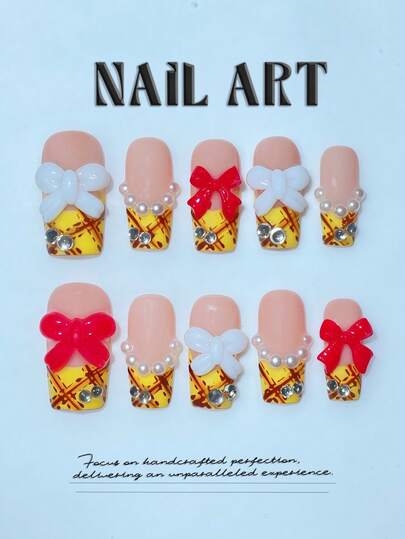 Móng giả dán thủ công, móng nghệ thuật dễ thương, kiểu Pháp, phong cách Y2K, kiểu retro thanh lịch với họa tiết nơ, móng giả, móng vuông, móng ngắn, mẫu móng mới, trang trí hoa 3D, mẫu móng mới, móng đỏ, đơn giản và nữ tính, có thể tái sử dụng, phù hợp cho việc trang trí móng hàng ngày và hẹn hò của các bạn gái.