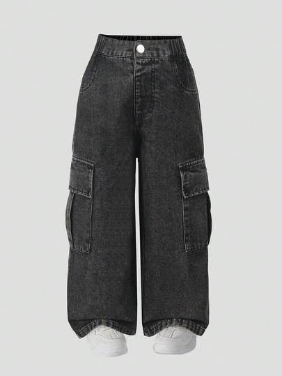 Quần jeans ống đứng dáng rộng thoải mái cho bé trai, quần denim đen cơ bản, phù hợp mọi mùa.