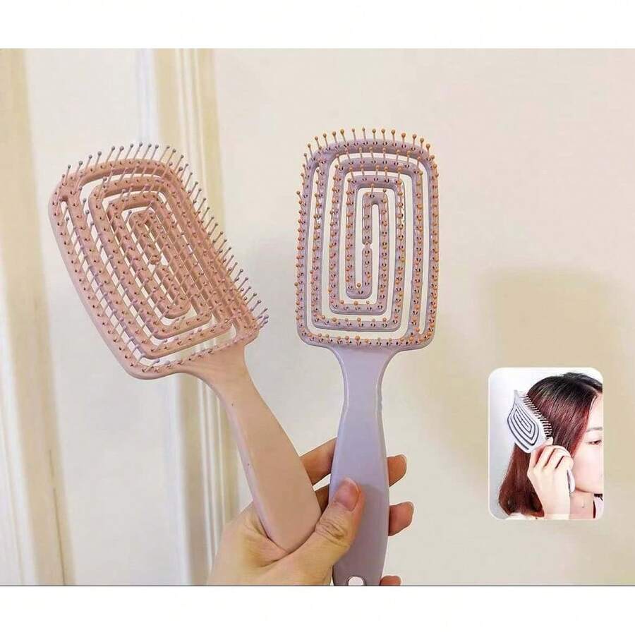 1pc Large Curved Hair Brush, Volumizing Teasing Comb Designed For Long Hair Women, Air Cushion Hollow Plastic Bristle Brush, Suitable For All Hair Types - Soft Styling Comb, Wet & Dry Use, Resin Handle