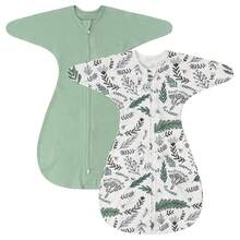 2件装纯棉过渡期襁褓毯，可穿戴婴儿毯，带双向拉链 - 綠色+綠葉 - 查看 8