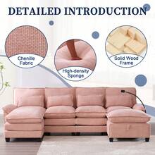 106" U-Shaped Sectional Sofa Cloud Couch For Living Room, Upholstery Comfy Modular Sofas, 4 Seat Chenille U-Shaped Sleeper Sofa, High-Density Sponge Filling, With Chaise Lounge, Ottoman & Pillows(Navy) - 粉色 - 查看 5