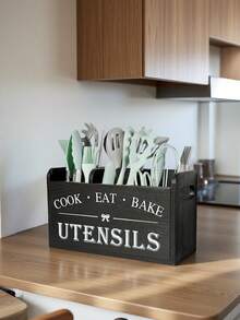 Organizador de utensilios de madera con 3 compartimentos, estante de almacenamiento multifuncional para encimera de cocina, puede contener cucharas, tenedores, cuchillos y otras herramientas de cocina, soporte de cubiertos de madera maciza negra - Multicolor - Ver 7