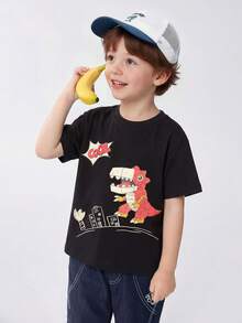 Balabala Áo thun ngắn tay bằng cotton họa tiết khủng long và robot dành cho trẻ em, thích hợp mặc hàng ngày. - màu đen - Xem 5