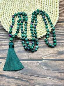 108颗6毫米绿帘石/黝帘石珠串成的玛拉项链，打结设计，配有流苏吊坠，波西米亚风格，适合瑜伽冥想和祈祷，男女皆宜。 - 彩色 - 查看 9