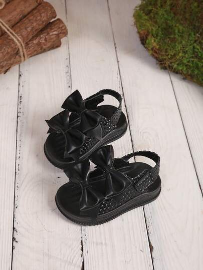 Baby Fashionable Bow Decor Sandals, Toddler Flat Hook And Loop Sandals