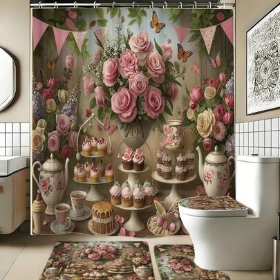 1/3/4件套婚礼季婚礼茶几浴室套装，多尺寸组合。家居装饰，浴室窗帘，浴室套装，包含浴帘，浴室浴帘套装。装饰性浴室组合套装包含浴帘、U型马桶座套、防滑垫、马桶盖，并附赠12个浴帘挂钩，适用于婚礼、周年纪念日和主题装饰。