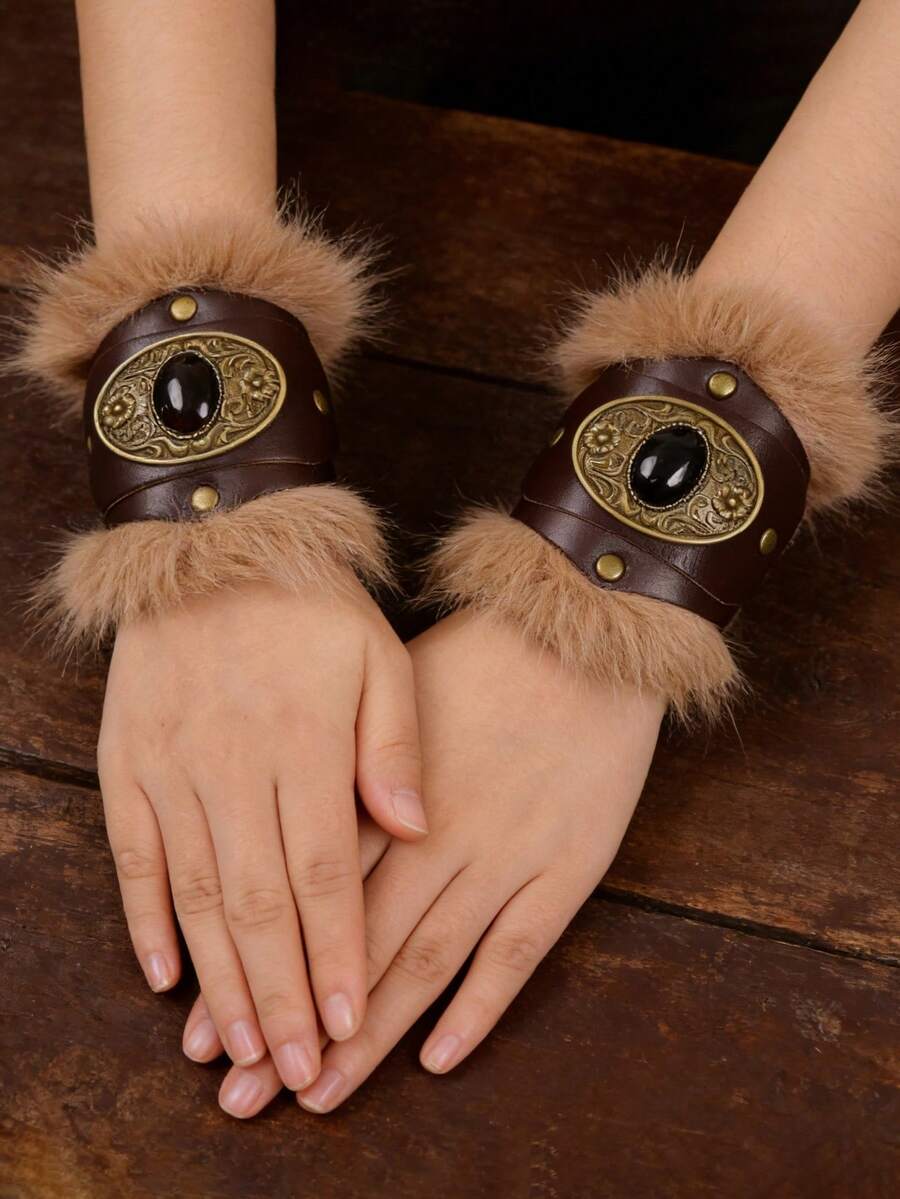 1 Pair Medieval Fantasy Arm Cuffs - Brown Faux Fur Trimmed PU Leather Bracers With Oval Gemstone, Perfect For Renaissance Faire, Halloween & Elf Cosplay - 1 Pair - View 1