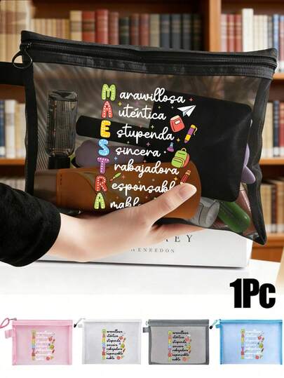 Maestra Floral Design Mesh Bag, Transparent Mesh Storage Pouch Toiletry Bag, Cosmetic Organizer, Portable Toiletry Pouch, Ideal Teacher Gift, Travel Accessory | Inspiring Design, Colorful Letter Print Fun Makeup Bag, Teacher's Day Gift, Sister Gift, Best Teacher Gift, Birthday Gift, Anniversary Gift, Graduation Gift, Creative Teacher Gift