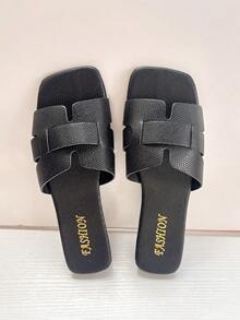Women's Flat Slide Sandals, Fashion Square Toe Black Crocodile Embossed Floral Design, Suitable For Dresses, Summer - Black - View 3