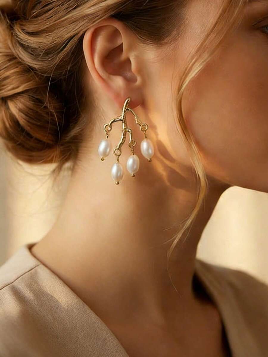 2件套时尚简约优雅巴洛克风格花卉珍珠吊坠耳环，铜质仿珍珠多色耳环，适合女性日常、派对、节日佩戴，珠宝礼品 - 彩色 - 查看 1