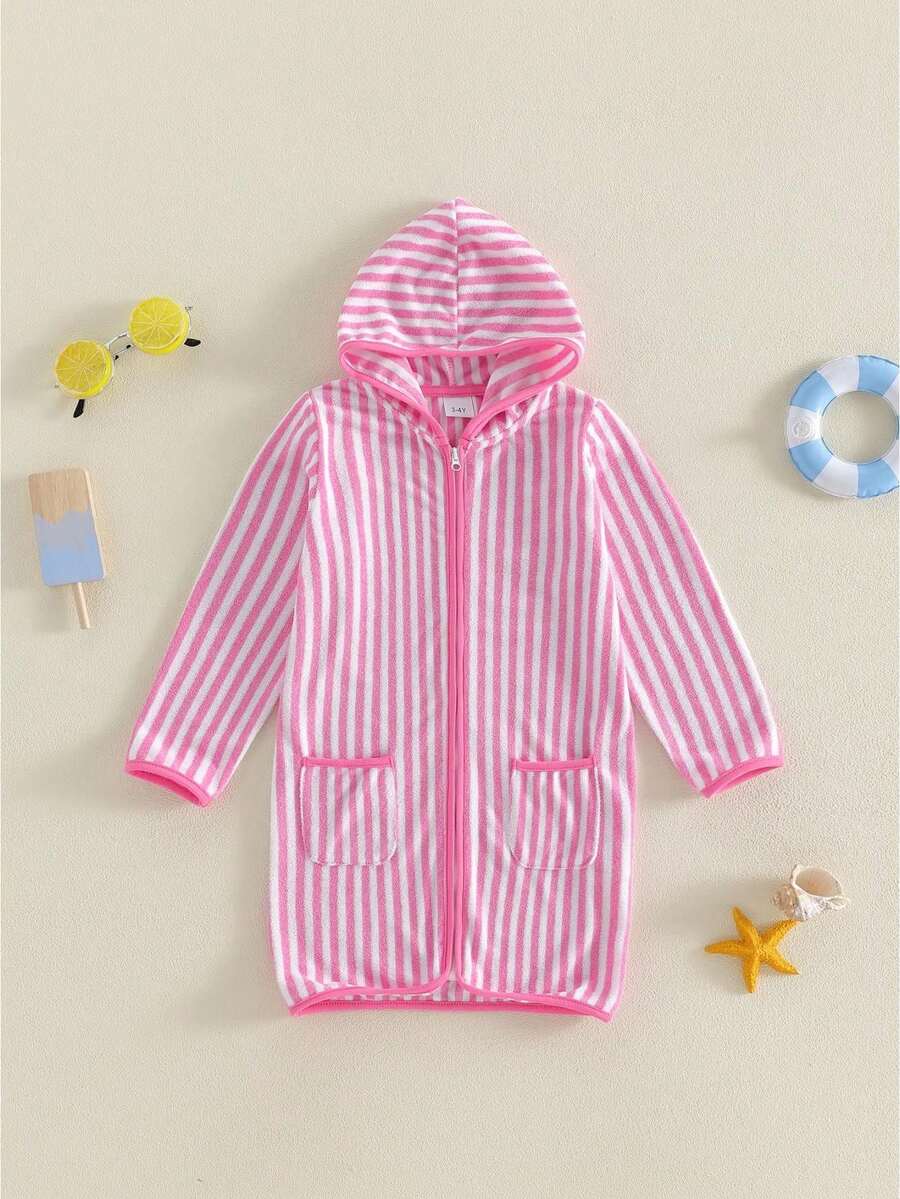 Kids Toddler Baby Girl Boy Terry Swim Cover Up Summer Beach Towel Swimsuit Coverups Baby Poncho For Kids Zip Up Long Sleeve Striped Hooded Bathing Suit Cover Up One Piece Swimsuits - 粉色 - 查看 1