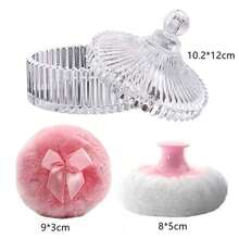 1pc Transparent Striped Glass Vanity Jar With Lid, Powder Puff Container, Cosmetic Storage Box, Elegant Bathroom Decor Box, Elegant Striped Decorative Container, Suitable For Loose Powder, Cosmetics And Small Accessories, Bathroom Vanity Storage Jar - Clear - View 9