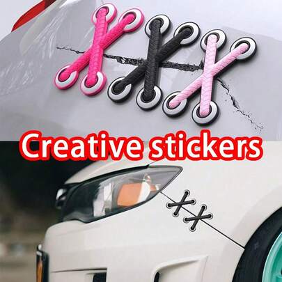 3D鞋带造型汽车贴纸 - 创意黑色前保险杠贴花，自粘式不对称运动造型，适用于汽车和摩托车，外观装饰，提升车辆外观，趣味装饰