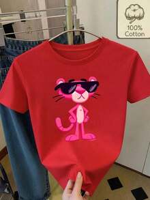Women's White T-Shirt With  Graphic And Sunglasses, Retro Cartoon Aesthetic Short Sleeve T-Shirt, Fun Modern Top, Casual Street Fashion Blouse - 紅色 - 查看 11